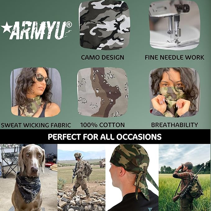 Camouflage Jumbo Bandanas Cotton Military Headwraps 27" x 27", 5-Pack