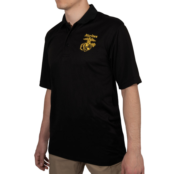 Black USMC Eagle, Globe & Anchor Moisture Wicking Polo Shirt US Marine Shirt