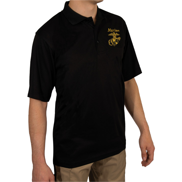 Black USMC Eagle, Globe & Anchor Moisture Wicking Polo Shirt US Marine Shirt