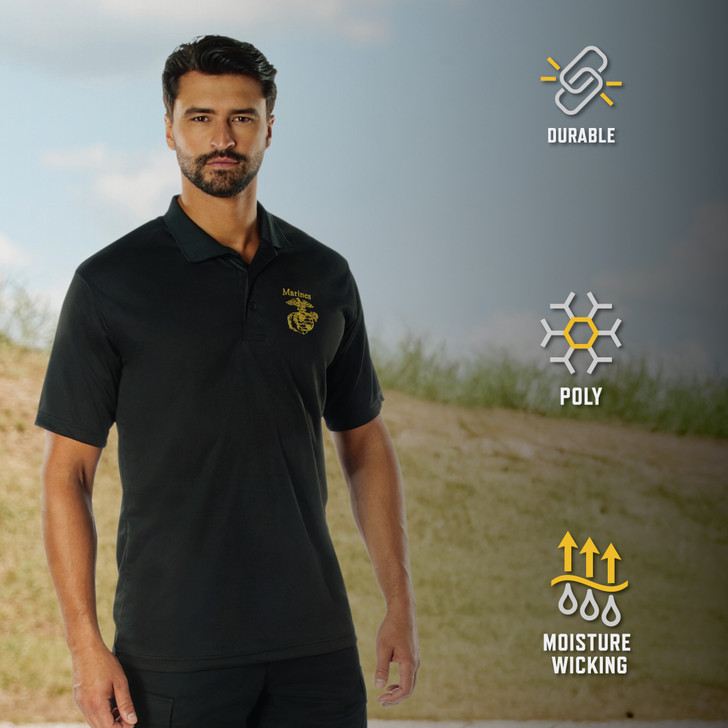 Black USMC Eagle, Globe & Anchor Moisture Wicking Polo Shirt US Marine Shirt