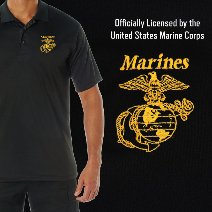 Black USMC Eagle, Globe & Anchor Moisture Wicking Polo Shirt US Marine Shirt