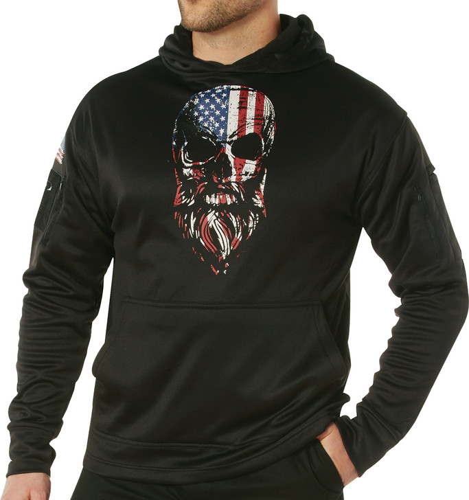Black Concealed Carry Hoodie with USA Flag Bearded Skull Print Sweatshirt