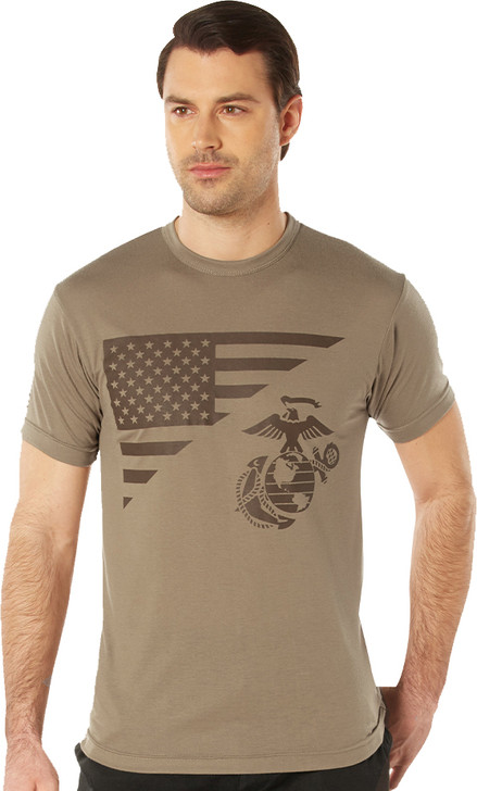 Coyote Brown USMC Eagle, Globe & Anchor US Flag T-Shirt Moisture Wicking Poly Tee