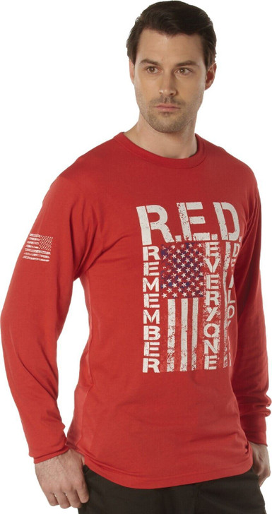 Mens Red Long Sleeve Remember Everyone Deployed T-Shirt Athletic Fit Tee Shirt