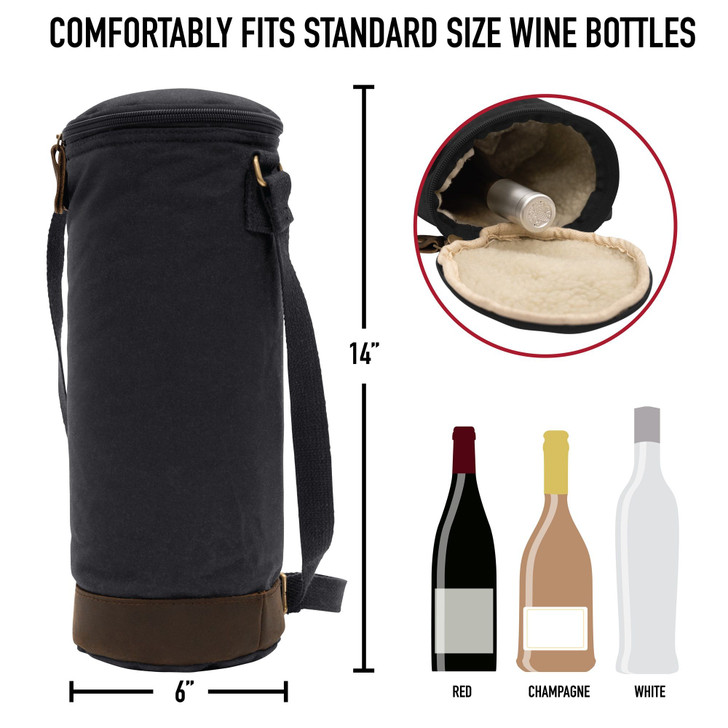 Waxed Canvas Wine Carrier Tote Bag – Insulated Single Bottle Valet Holder