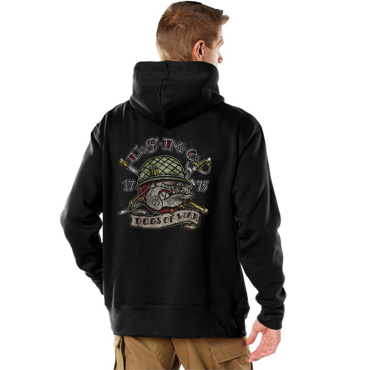 Black USMC Dogs of War Globe & Anchor Hoodie Sweatshirt Double Sided Graphic Marines Print Pullover