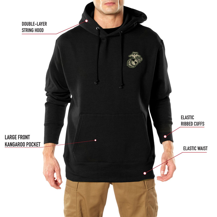 Black USMC Dogs of War Globe & Anchor Hoodie Sweatshirt Double Sided Graphic Marines Print Pullover