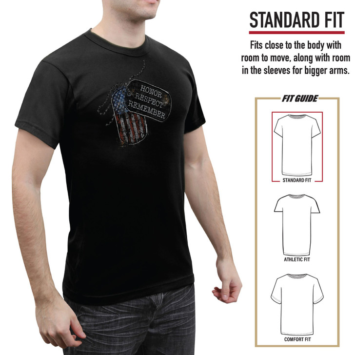 Men’s Honor Respect Remember Short Sleeve T-Shirt – Crew Neck Shirt with Dog Tag Graphic