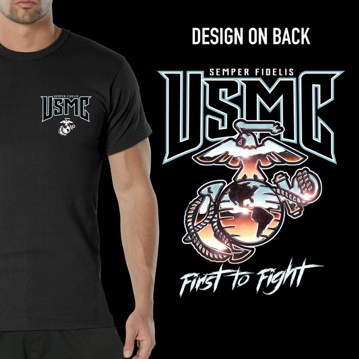 Men’s Black USMC First to Fight Short Sleeve T-Shirt with Eagle, Globe, and Anchor Insignia