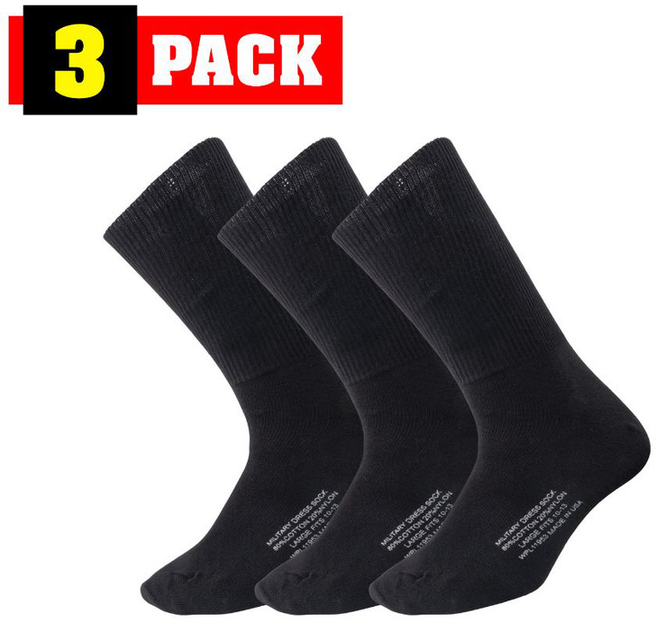 Mens Black Military NYCO Dress Socks Size 10-13 - Large, USA Made, 3-Pack