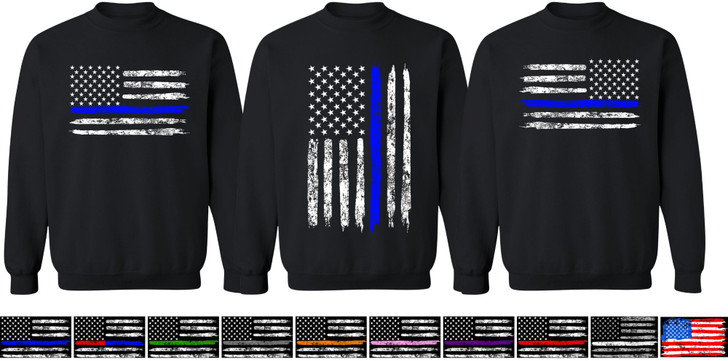 USA Flag Distressed American US Thin Line Black Crewneck Sweatshirt