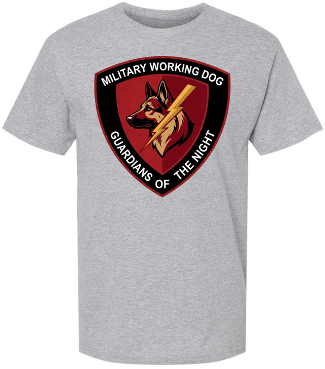 Military Working Dog Guardians Of The Night Printed T-Shirt K9 German Shepherd Shield Design 100% Cotton Tee, Athletic Grey