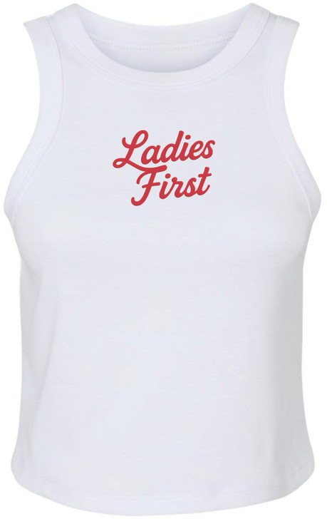 Ladies First Embroidered Micro-Rib Racer Tank Top | Casual Heavyweight Sleeveless Cool Sexy Shirt, White