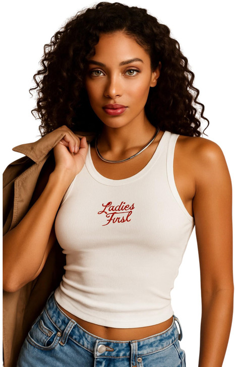 Ladies First Embroidered Micro-Rib Racer Tank Top | Casual Heavyweight Sleeveless Cool Sexy Shirt, White