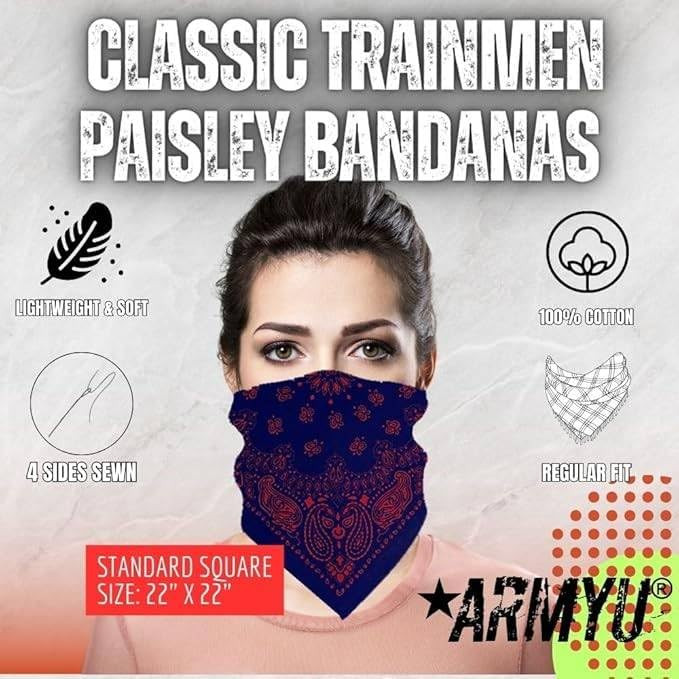 Trainmen Paisley Bandanas Head Scarf Do-rag 100% Cotton Bandanna Head Cover 22" x 22", 3 Pack