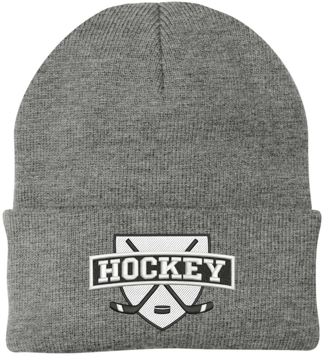 Hockey Embroidered Beanie | Winter Knit Skull Cap with Hockey Graphic | Warm Cuffed Hat for Men & Women