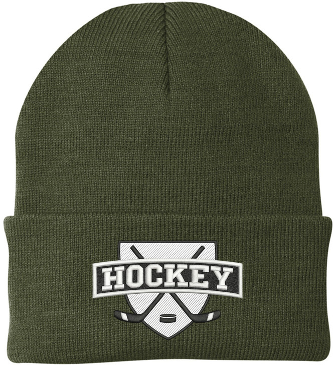 Hockey Embroidered Beanie | Winter Knit Skull Cap with Hockey Graphic | Warm Cuffed Hat for Men & Women