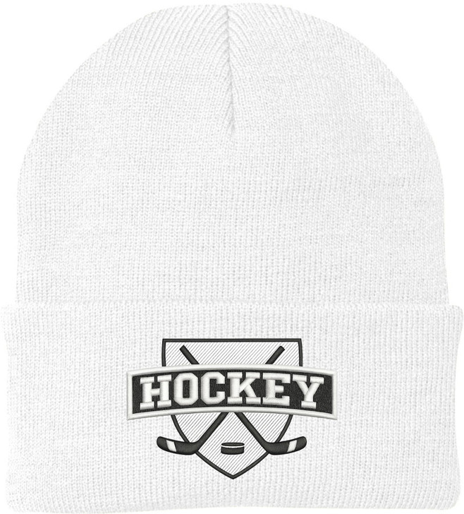 Hockey Embroidered Beanie | Winter Knit Skull Cap with Hockey Graphic | Warm Cuffed Hat for Men & Women