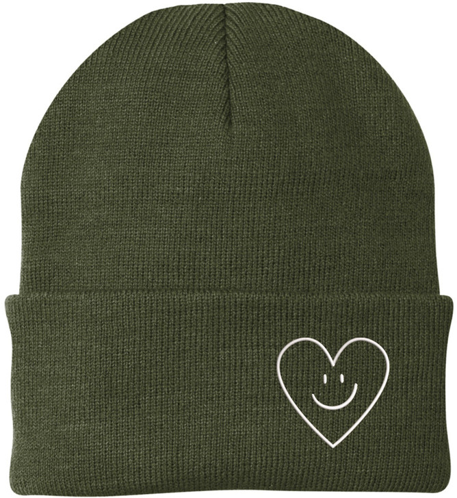 Heart Smiley Face Love Embroidered Beanie | Knit Warm Skull Cap Acrylic Hat Cute Gift for Boyfriend, Girlfriend & Loved Ones
