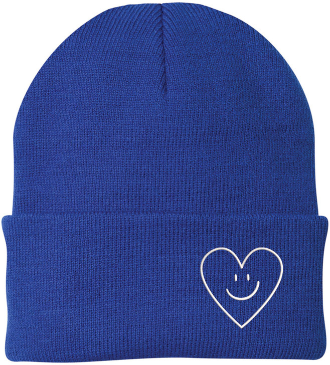 Heart Smiley Face Love Embroidered Beanie | Knit Warm Skull Cap Acrylic Hat Cute Gift for Boyfriend, Girlfriend & Loved Ones