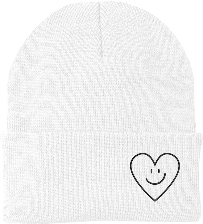 Heart Smiley Face Love Embroidered Beanie | Knit Warm Skull Cap Acrylic Hat Cute Gift for Boyfriend, Girlfriend & Loved Ones