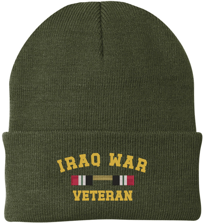 Iraq War Veteran Campaign Ribbon Embroidered Beanie Hat | USA Military Patriotic 100% Acrylic Skull Cap