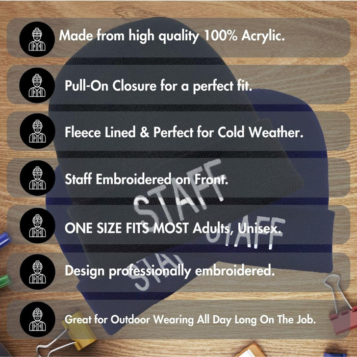 STAFF Large Embroidered Beanie Fleece Lined Watch Cap STAFF Warm Winter Work Uniform Hat