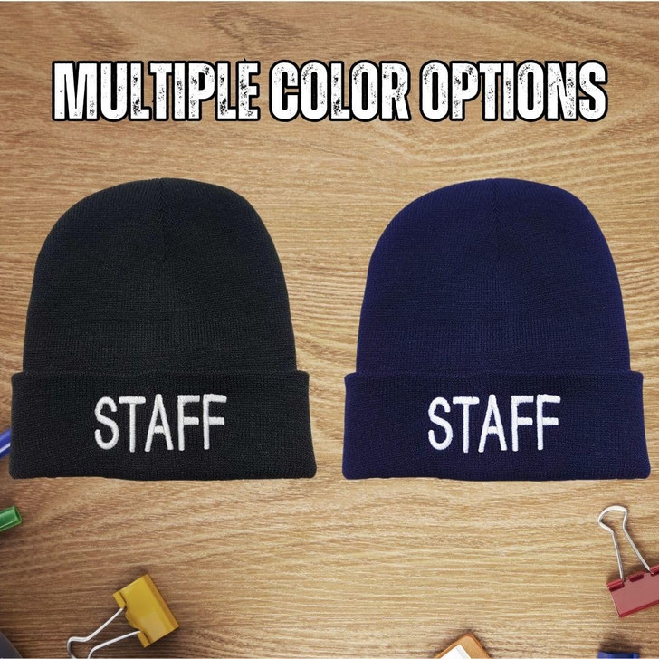 STAFF Large Embroidered Beanie Fleece Lined Watch Cap STAFF Warm Winter Work Uniform Hat