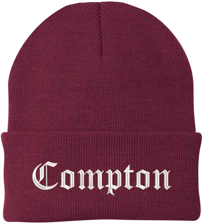 Compton Embroidered Beanie Knit Watch Skull Cap with Old English Letters | Warm Winter Hat