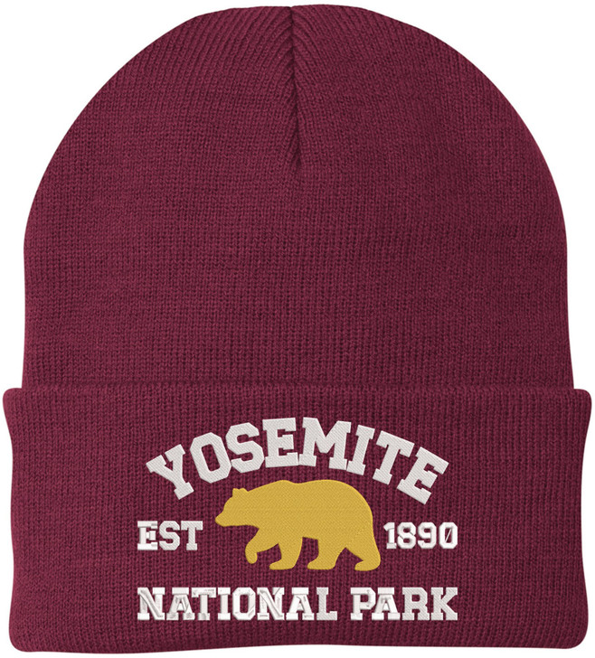 Yosemite National Park Embroidered Beanie | Bear Logo Winter Knit 100% Acrylic Hat for Hiking Camping