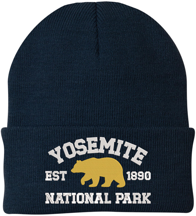 Yosemite National Park Embroidered Beanie | Bear Logo Winter Knit 100% Acrylic Hat for Hiking Camping