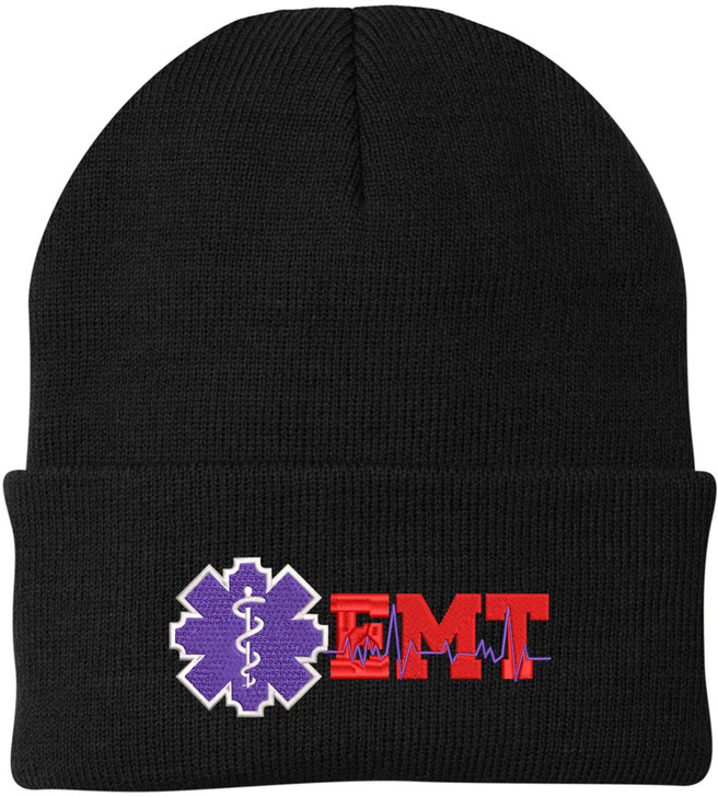 EMT Star of Life Line Embroidered Beanie Hat | Emergency Medical Technician Winter Knit Acrylic Unisex Cap