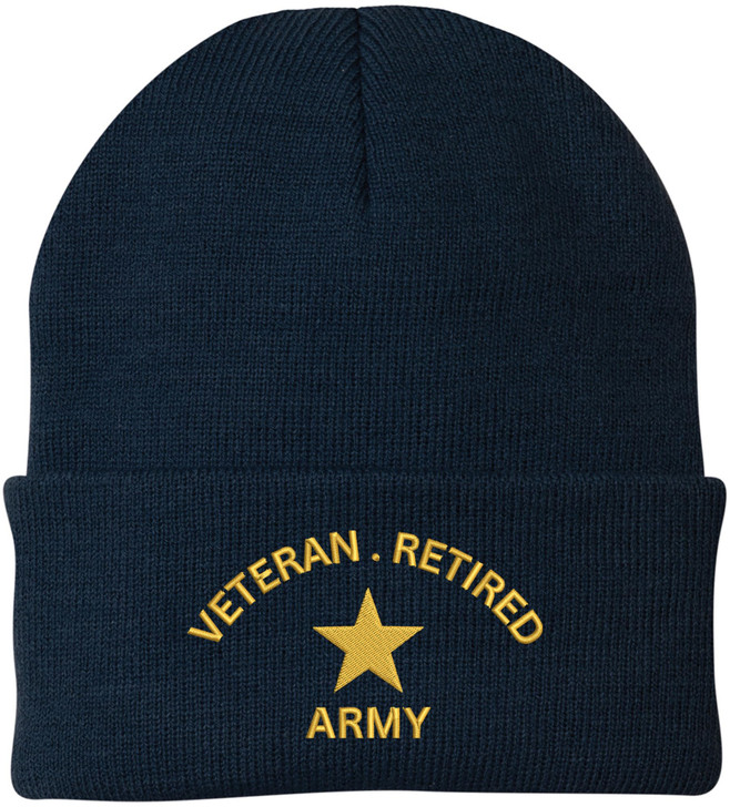 Veteran Retired Army Embroidered Beanie - Veterans Day & Army Retirement Gift for Men & Women - 100% Acrylic Knit Cuffed Cap
