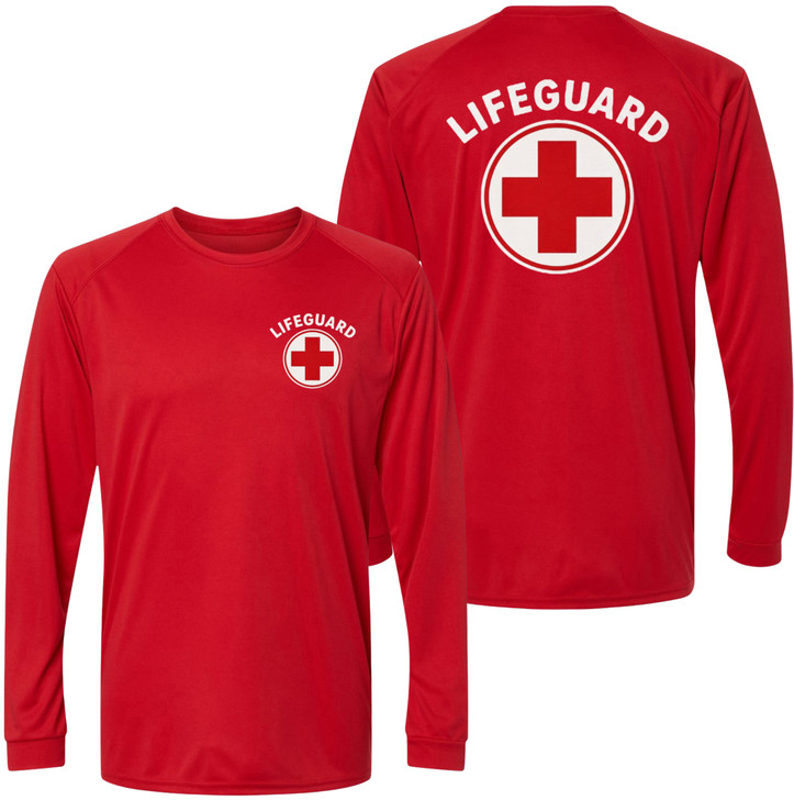 Lifeguard + Moisture Wicking Long Sleeve T-Shirt 100% Polyester Performance Uniform Sun Rash Guard Shirt