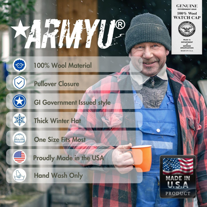 ARMYU Military Genuine GI Watch Cap Warm Winter USN Wool Beanie Solid Cuffed Army Hat 2-PACK