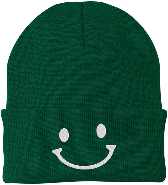 Smiley Face Outline Embroidered Beanie | Cute Knit Winter Hat | Unisex Warm Cuff Skull Cap for Men & Women