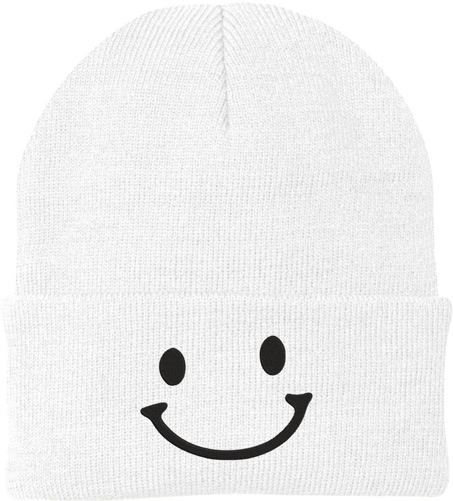 Smiley Face Outline Embroidered Beanie | Cute Knit Winter Hat | Unisex Warm Cuff Skull Cap for Men & Women