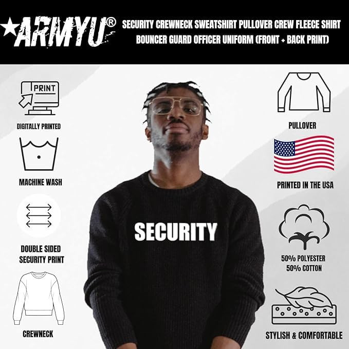 Army Universe SECURITY Crewneck Sweatshirt Pullover Crew Fleece Shirt Bouncer Guard Officer Uniform (Front + Back Print)