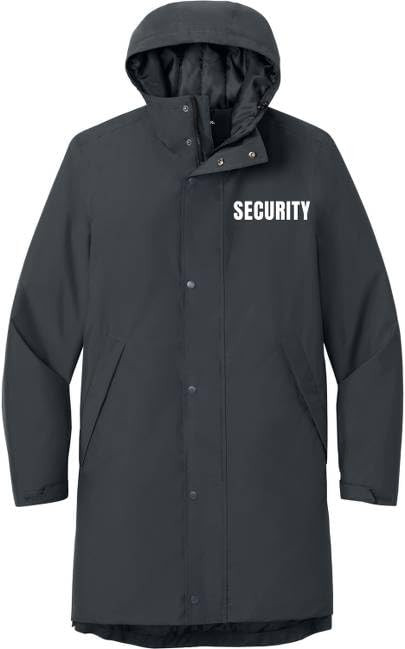SECURITY Waterproof Insulated Sideline Parka Jacket Long Rain Coat with Hood (Double Sided Print)