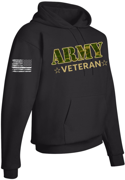 Army Veteran Hoodie - Military Camo Graphic Pullover Sweatshirt, Proud Veteran Apparel, Warm Fleece Hoodie, Black