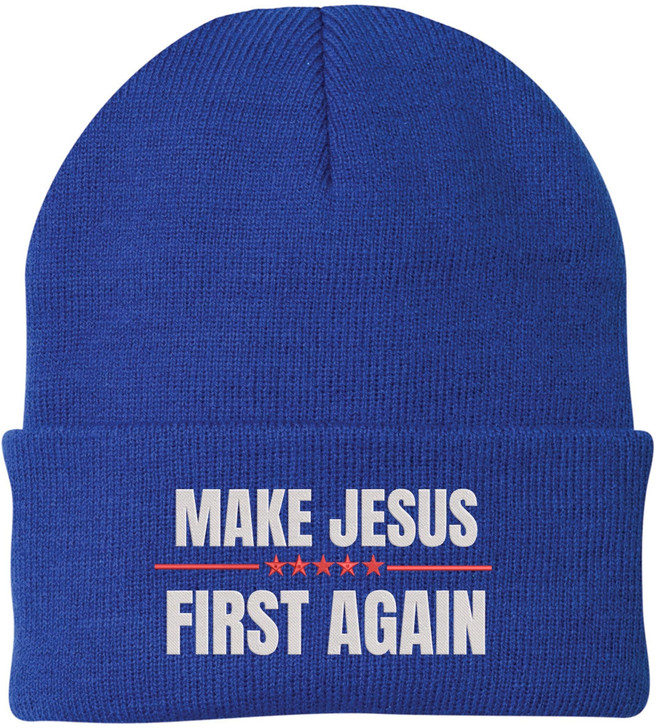 Make Jesus First Again Embroidered Beanie | MAGA Style Warm Knit Winter Skull Cap Religious Christian Hat