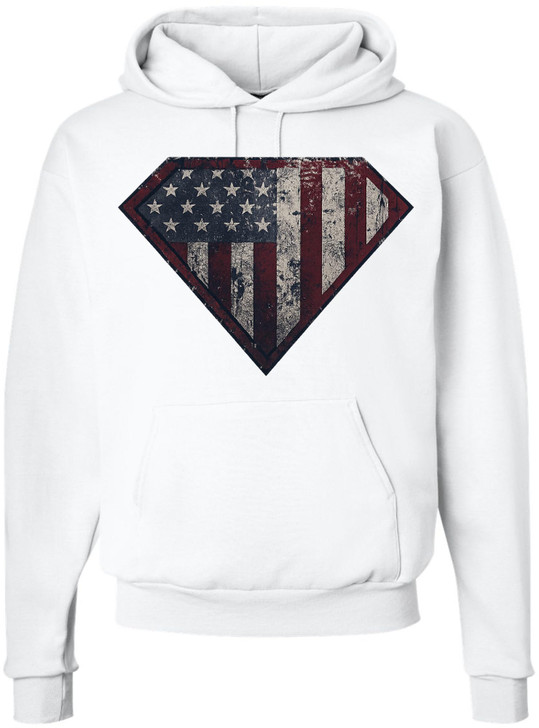 Patriotic American Super Flag Shield Printed Hoodie | Distressed USA Pullover Cool Superhero Sweatshirt