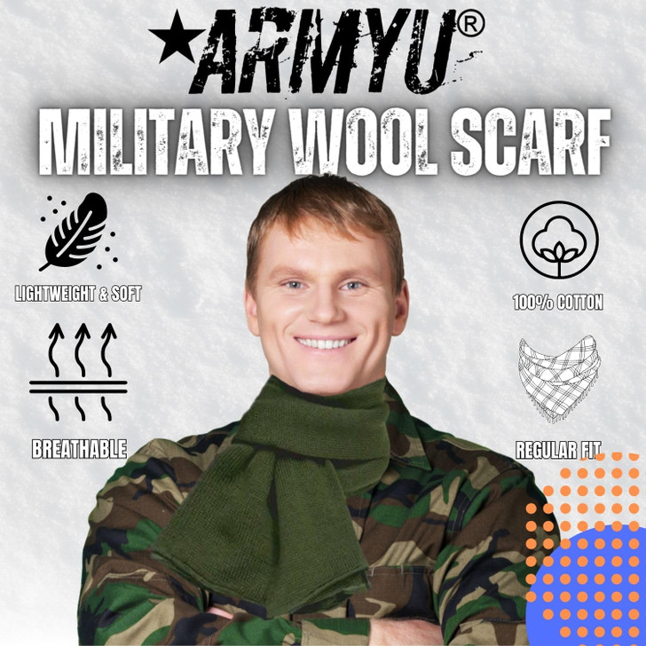 ARMYU US Army Genuine GI Military 100% Wool Scarf & Military Genuine GI Winter USN Warm Wool Hat Watch Cap (2 Piece Set)