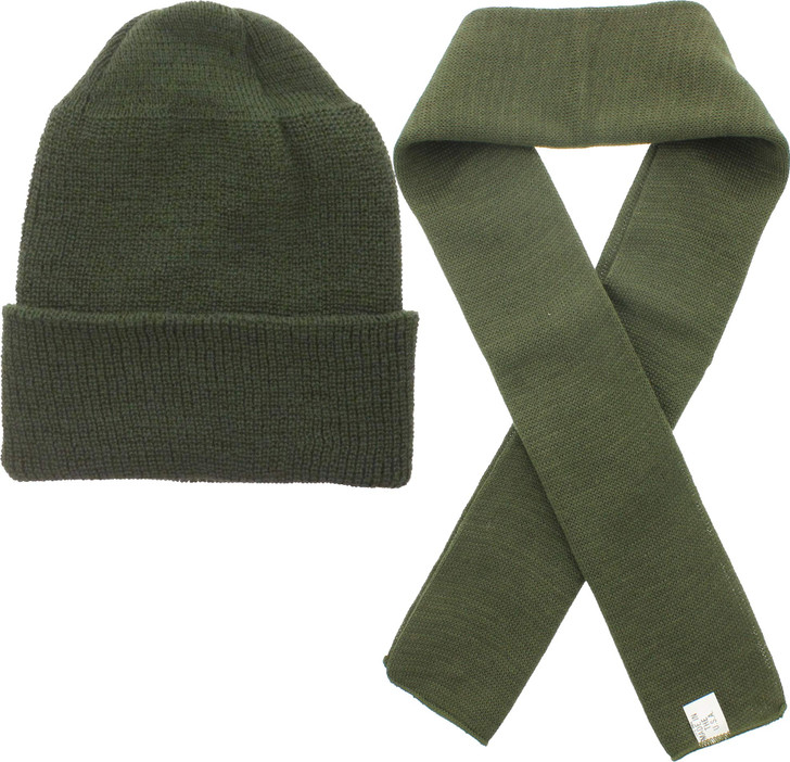 ARMYU US Army Genuine GI Military 100% Wool Scarf & Military Genuine GI Winter USN Warm Wool Hat Watch Cap (2 Piece Set)