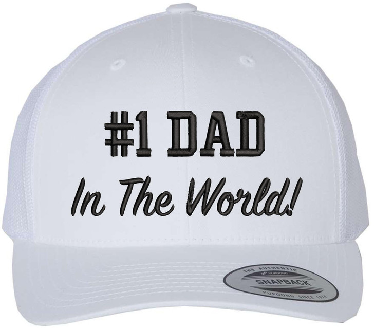 Number 1 Dad in The World Embroidered Trucker Hat | Adjustable Mesh Back Polycotton Father's Day Baseball Cap