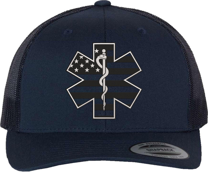 Star of Life EMS Hat – USA Flag Embroidered Trucker Cap, US EMT AMBU Paramedic Snapback Mesh Hat