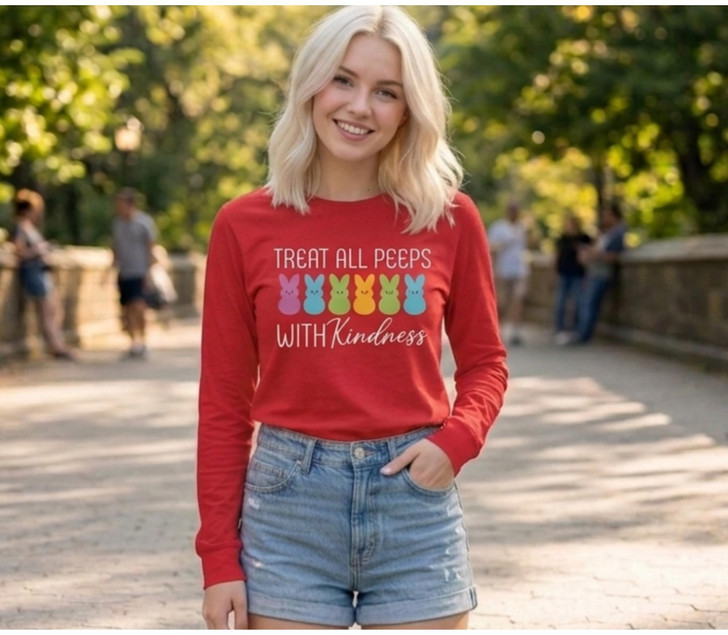 Treat All Peeps With Kindness Printed T-Shirt Easter Marshmallow Bunny 100% Cotton Crewneck Tee