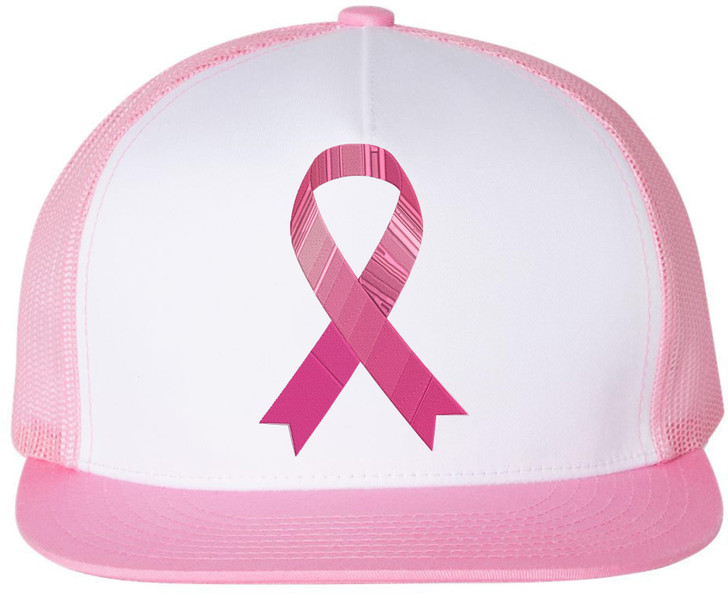 Pink Ribbon Breast Cancer Awareness Embroidered Trucker Hat Adjustable Baseball Cap, White/Pink