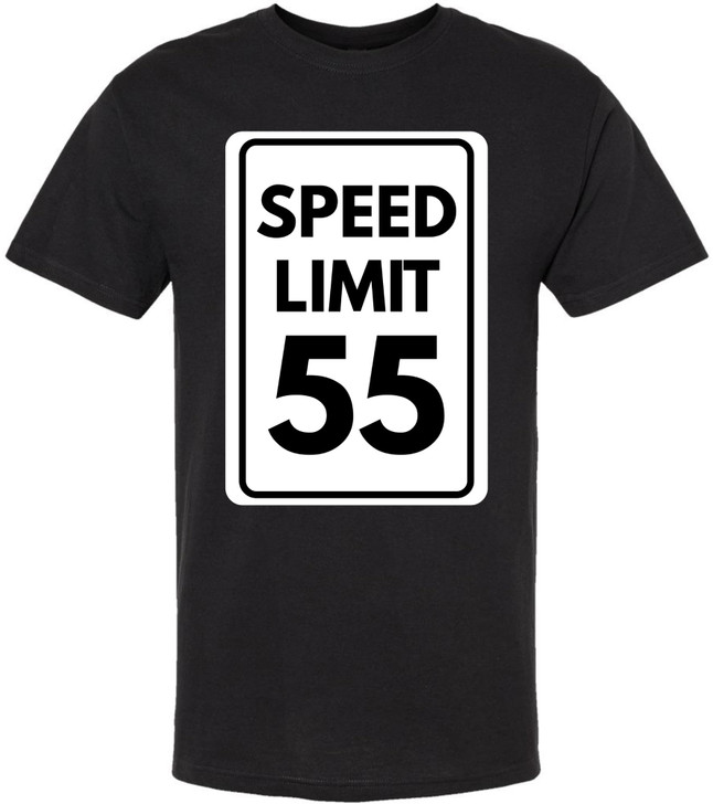Speed Limit 55 Printed T-Shirt Funny Road Sign Graphic 100% Cotton Crewneck Tee, Black