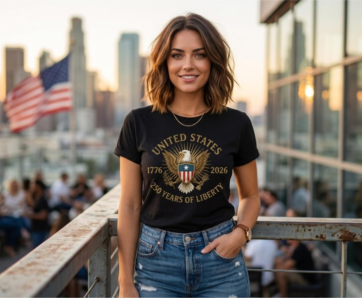 United States 1776-2026 250 Years of Liberty Printed T-Shirt Patriotic American Eagle 100% Cotton Crewneck Tee
